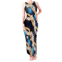 Puakenikeni Maile Lei Tank Maxi Dress Frangipani Blue Tropical Leaves LT01 Women Blue - Polynesian Pride