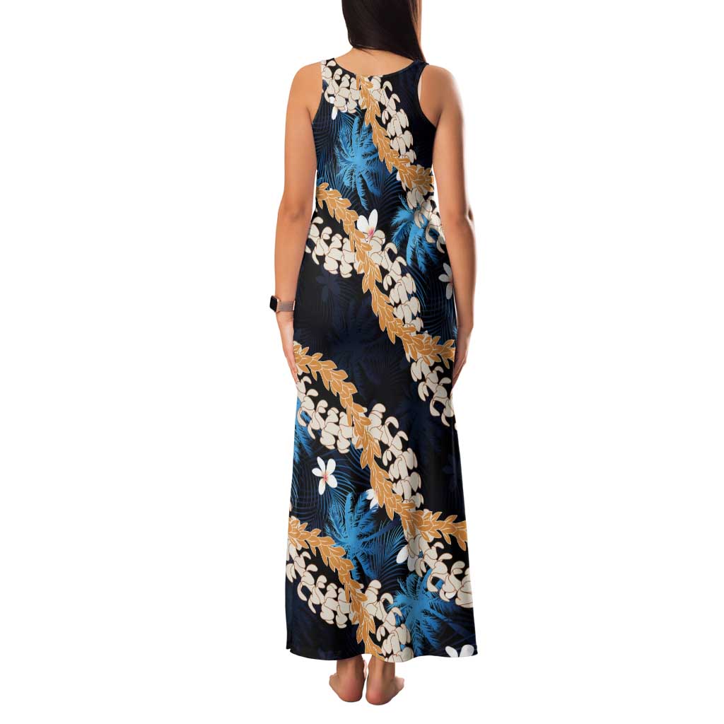 Puakenikeni Maile Lei Tank Maxi Dress Frangipani Blue Tropical Leaves LT01 - Polynesian Pride