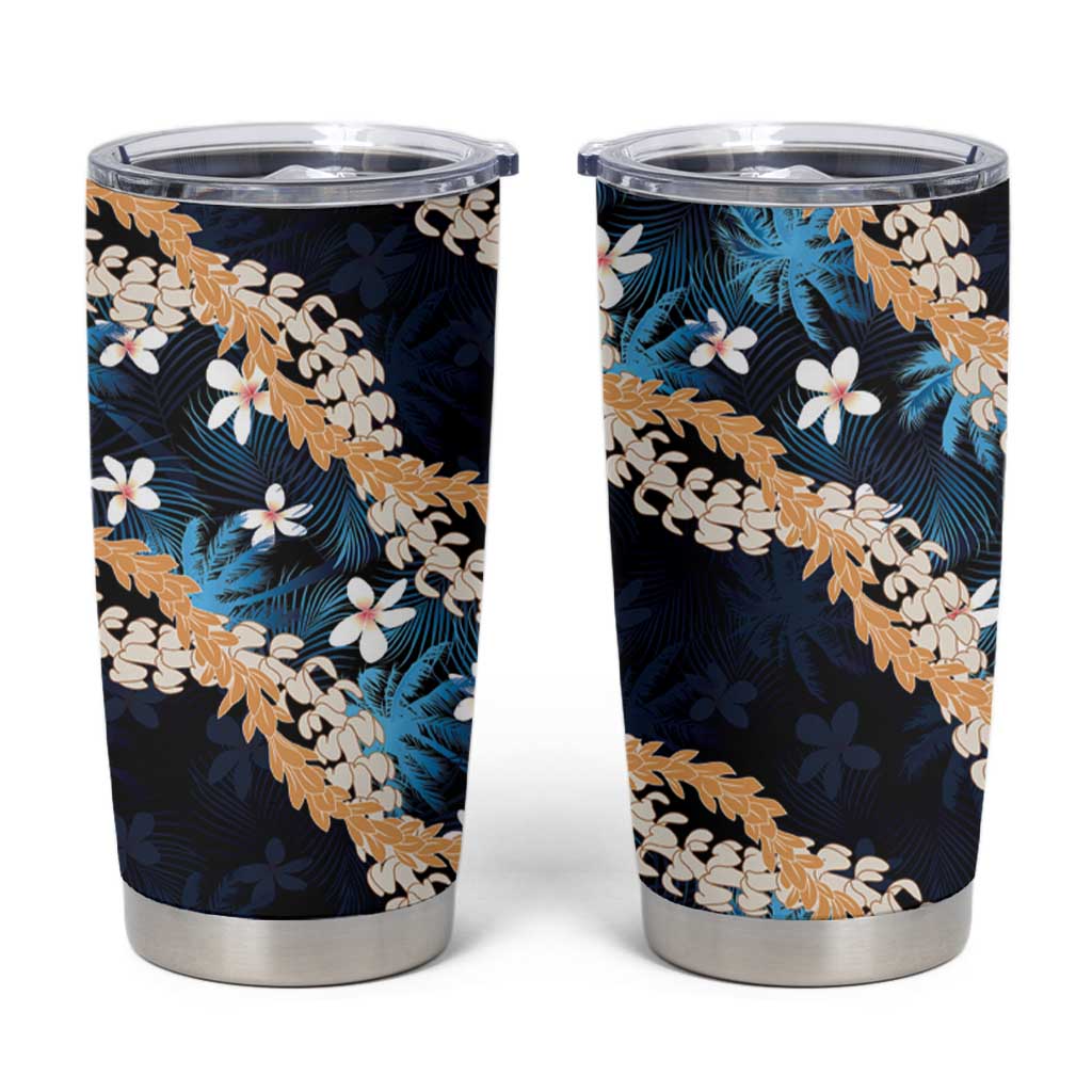Puakenikeni Maile Lei Tumbler Cup Frangipani Blue Tropical Leaves LT01 Blue - Polynesian Pride