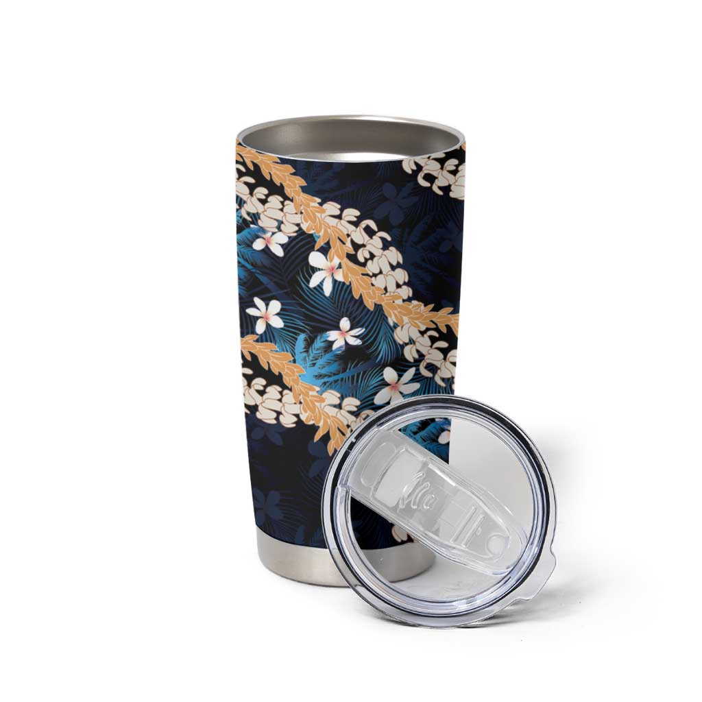 Puakenikeni Maile Lei Tumbler Cup Frangipani Blue Tropical Leaves LT01 - Polynesian Pride