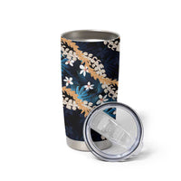 Puakenikeni Maile Lei Tumbler Cup Frangipani Blue Tropical Leaves LT01 - Polynesian Pride