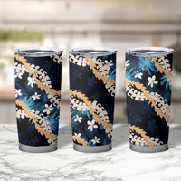 Puakenikeni Maile Lei Tumbler Cup Frangipani Blue Tropical Leaves LT01 - Polynesian Pride