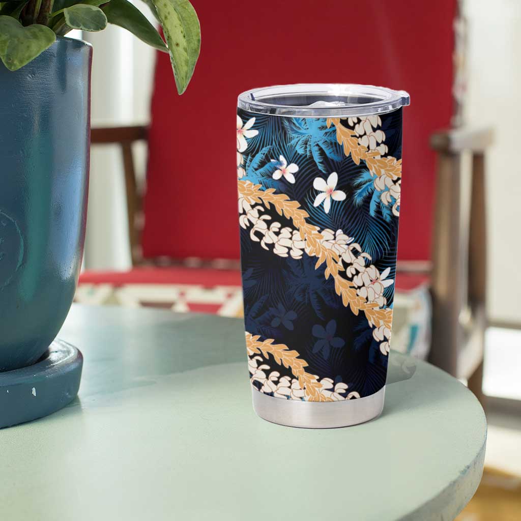 Puakenikeni Maile Lei Tumbler Cup Frangipani Blue Tropical Leaves LT01 - Polynesian Pride