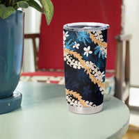 Puakenikeni Maile Lei Tumbler Cup Frangipani Blue Tropical Leaves LT01 - Polynesian Pride