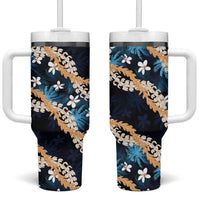Puakenikeni Maile Lei Tumbler With Handle Frangipani Blue Tropical Leaves LT01 One Size: 40 oz Blue - Polynesian Pride