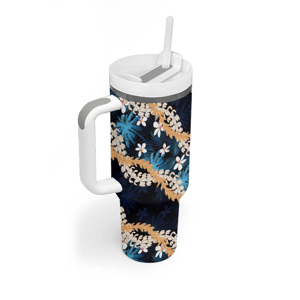 Puakenikeni Maile Lei Tumbler With Handle Frangipani Blue Tropical Leaves LT01 - Polynesian Pride