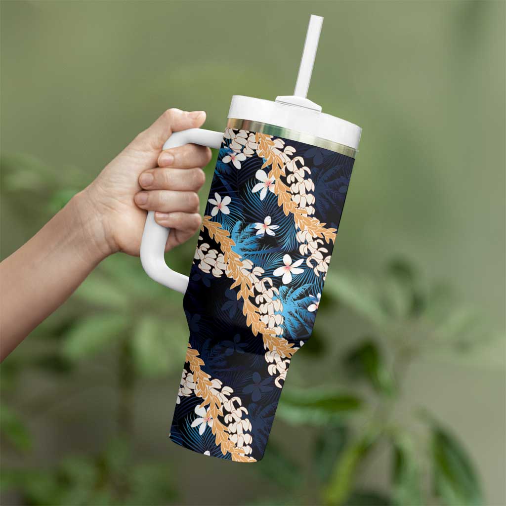 Puakenikeni Maile Lei Tumbler With Handle Frangipani Blue Tropical Leaves LT01 - Polynesian Pride
