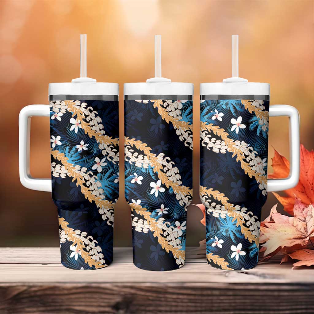 Puakenikeni Maile Lei Tumbler With Handle Frangipani Blue Tropical Leaves LT01 - Polynesian Pride