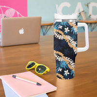Puakenikeni Maile Lei Tumbler With Handle Frangipani Blue Tropical Leaves LT01 - Polynesian Pride
