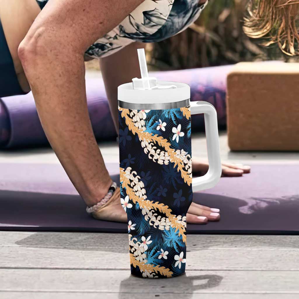 Puakenikeni Maile Lei Tumbler With Handle Frangipani Blue Tropical Leaves LT01 - Polynesian Pride