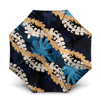 Puakenikeni Maile Lei Umbrella Frangipani Blue Tropical Leaves LT01 One Size Folded 11.42 inch Opened Diameter 37.4 inch Blue - Polynesian Pride