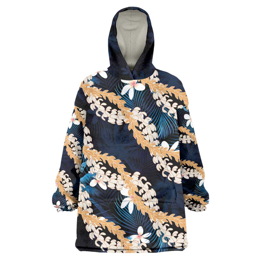 Puakenikeni Maile Lei Wearable Blanket Hoodie Frangipani Blue Tropical Leaves LT01 One Size Blue - Polynesian Pride