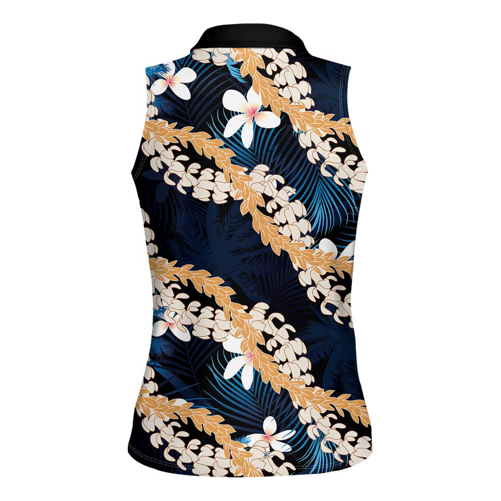 Puakenikeni Maile Lei Women Sleeveless Polo Shirt Frangipani Blue Tropical Leaves