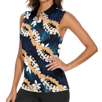 Puakenikeni Maile Lei Women Sleeveless Polo Shirt Frangipani Blue Tropical Leaves