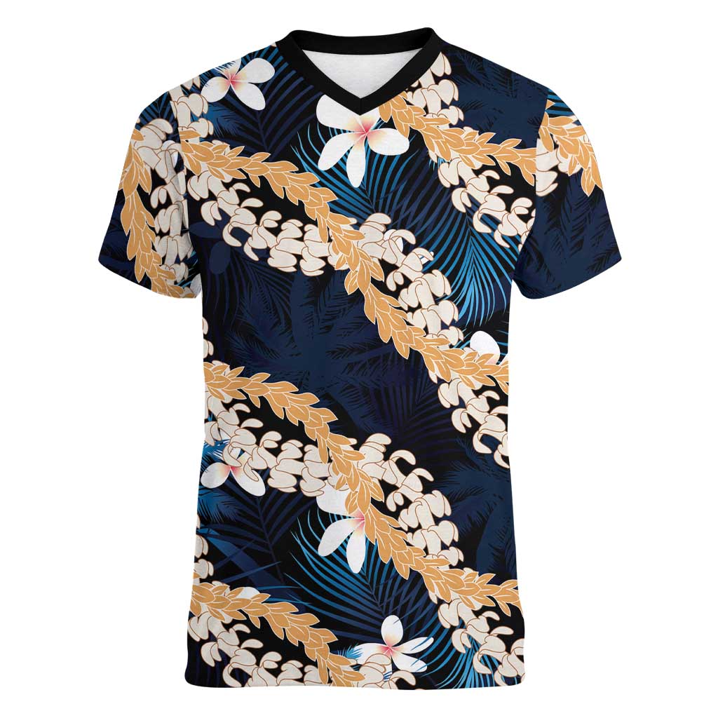Puakenikeni Maile Lei Women V-Neck T-Shirt Frangipani Blue Tropical Leaves LT01 Female Blue - Polynesian Pride