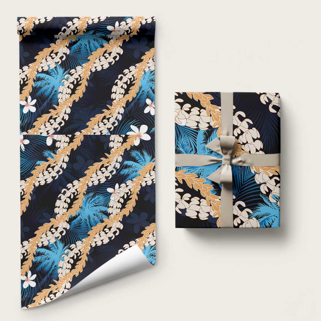 Puakenikeni Maile Lei Wrapping Paper Frangipani Blue Tropical Leaves
