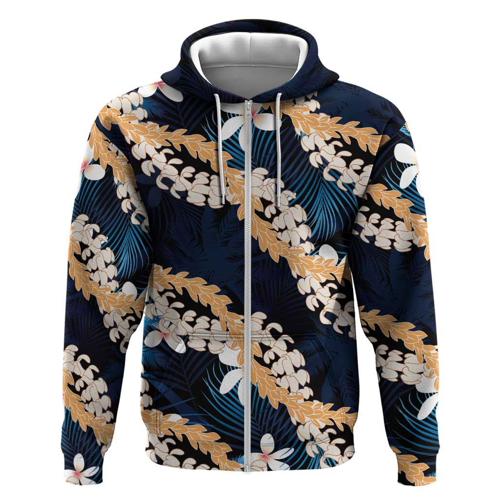 Puakenikeni Maile Lei Zip Hoodie Frangipani Blue Tropical Leaves LT01 Zip Hoodie Blue - Polynesian Pride
