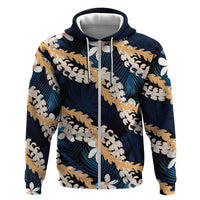 Puakenikeni Maile Lei Zip Hoodie Frangipani Blue Tropical Leaves LT01 Zip Hoodie Blue - Polynesian Pride