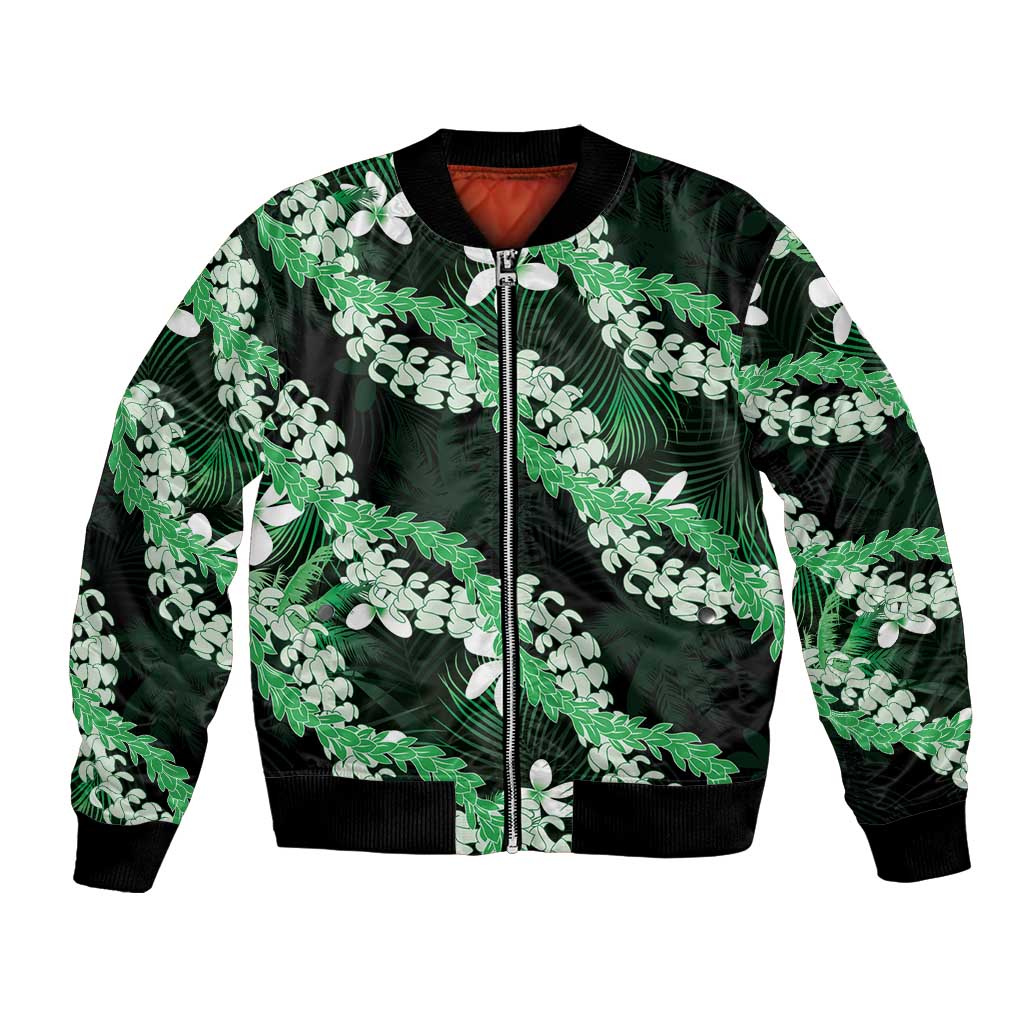 Puakenikeni Maile Lei Bomber Jacket Frangipani Green Tropical Leaves LT01 Unisex Green - Polynesian Pride