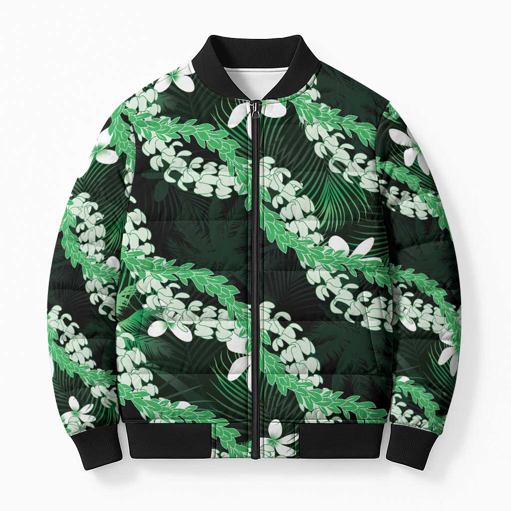 Puakenikeni Maile Lei Bomber Puffer Jacket Frangipani Green Tropical Leaves