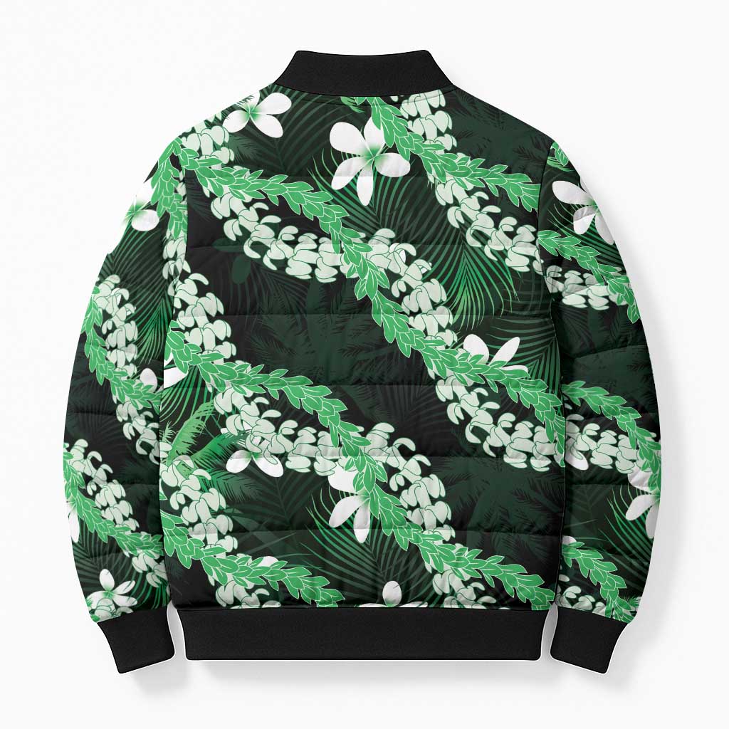 Puakenikeni Maile Lei Bomber Puffer Jacket Frangipani Green Tropical Leaves