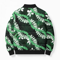 Puakenikeni Maile Lei Bomber Puffer Jacket Frangipani Green Tropical Leaves