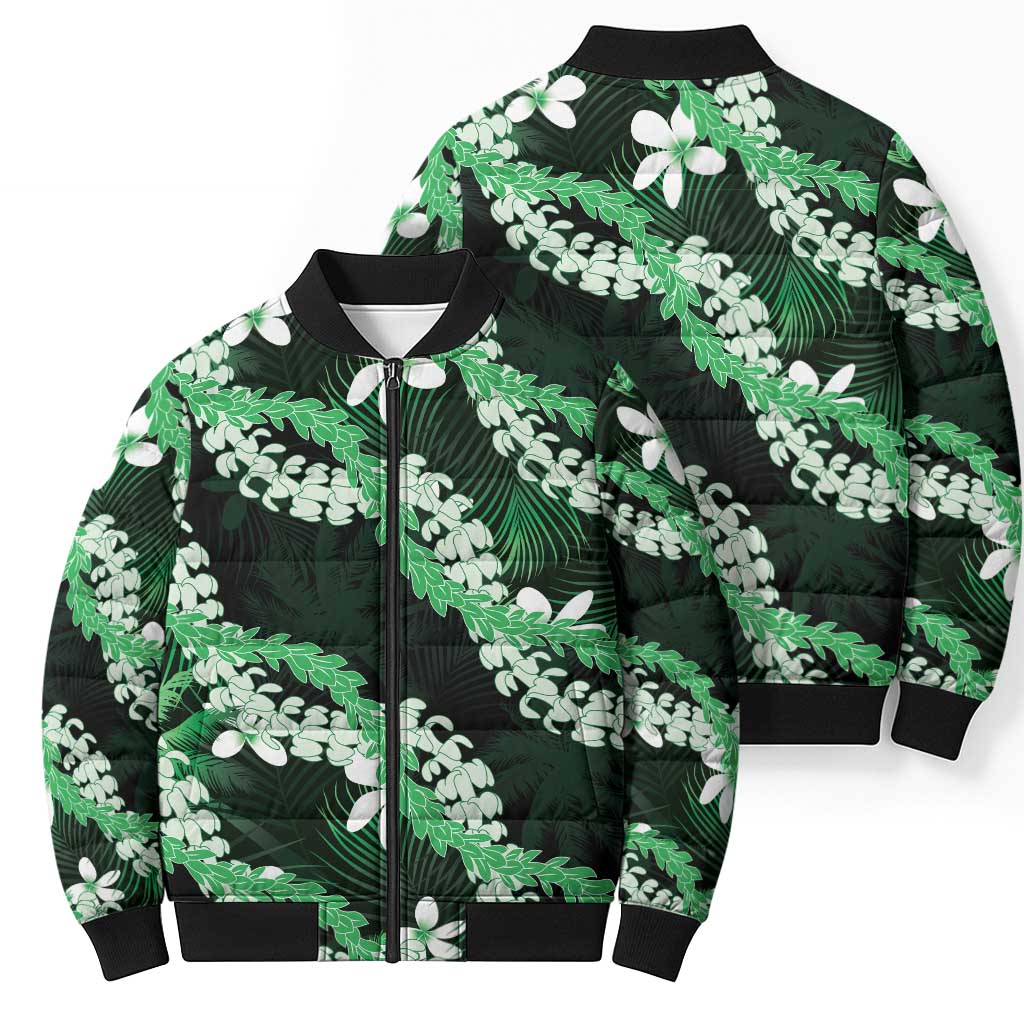 Puakenikeni Maile Lei Bomber Puffer Jacket Frangipani Green Tropical Leaves