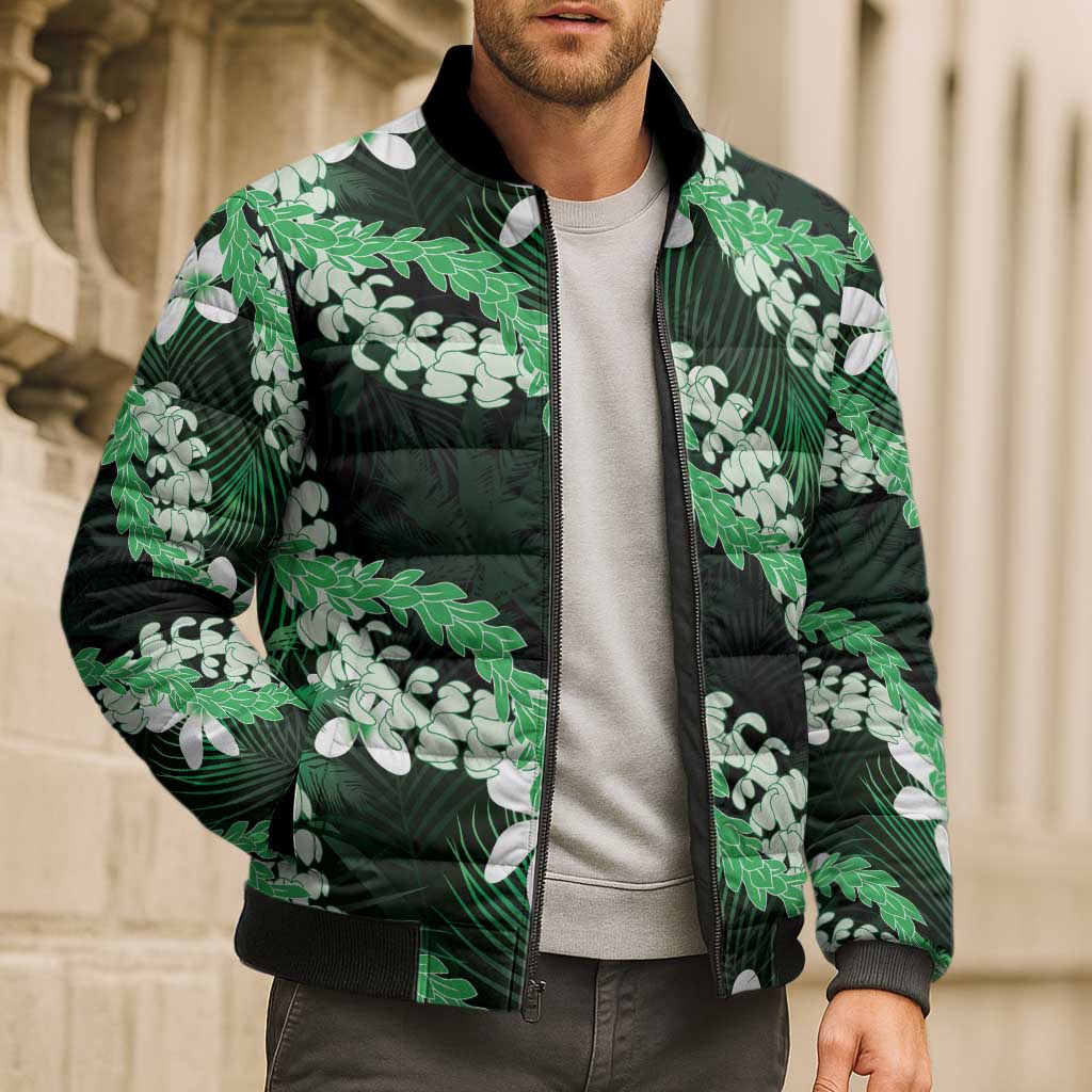 Puakenikeni Maile Lei Bomber Puffer Jacket Frangipani Green Tropical Leaves