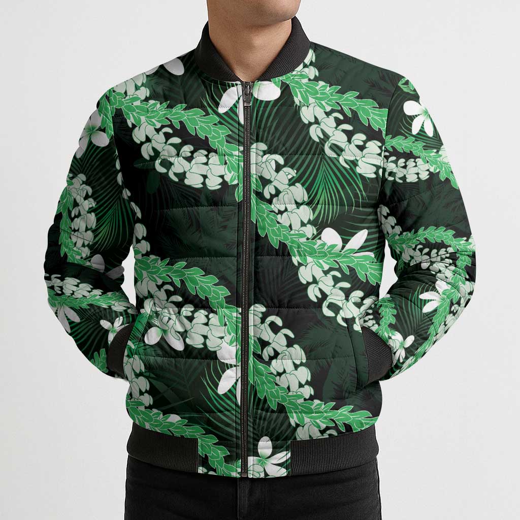 Puakenikeni Maile Lei Bomber Puffer Jacket Frangipani Green Tropical Leaves