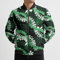 Puakenikeni Maile Lei Bomber Puffer Jacket Frangipani Green Tropical Leaves
