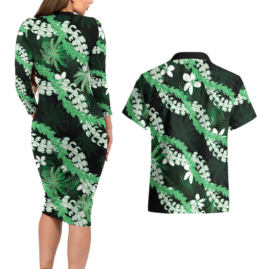 Puakenikeni Maile Lei Couples Matching Long Sleeve Bodycon Dress and Hawaiian Shirt Frangipani Green Tropical Leaves