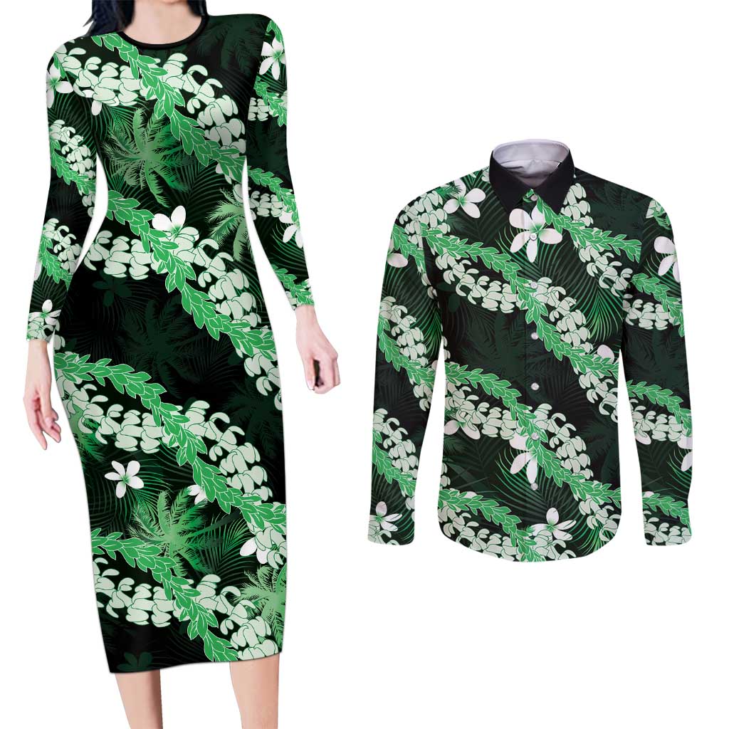Puakenikeni Maile Lei Couples Matching Long Sleeve Bodycon Dress and Long Sleeve Button Shirt Frangipani Green Tropical Leaves