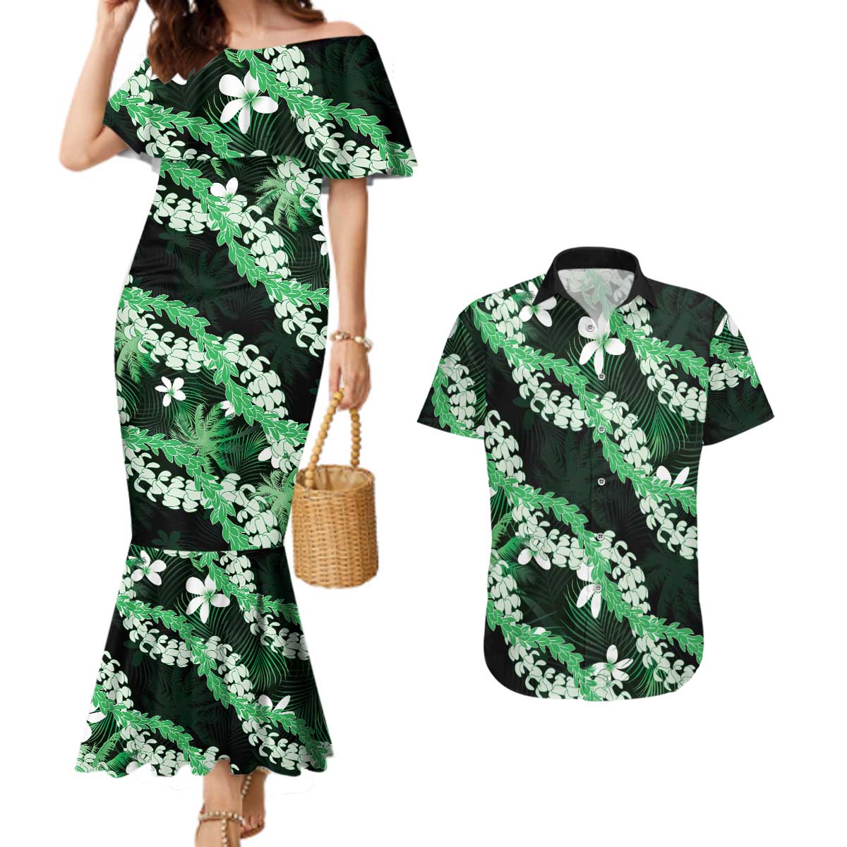 Puakenikeni Maile Lei Couples Matching Mermaid Dress and Hawaiian Shirt Frangipani Green Tropical Leaves