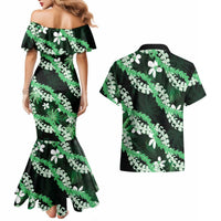Puakenikeni Maile Lei Couples Matching Mermaid Dress and Hawaiian Shirt Frangipani Green Tropical Leaves