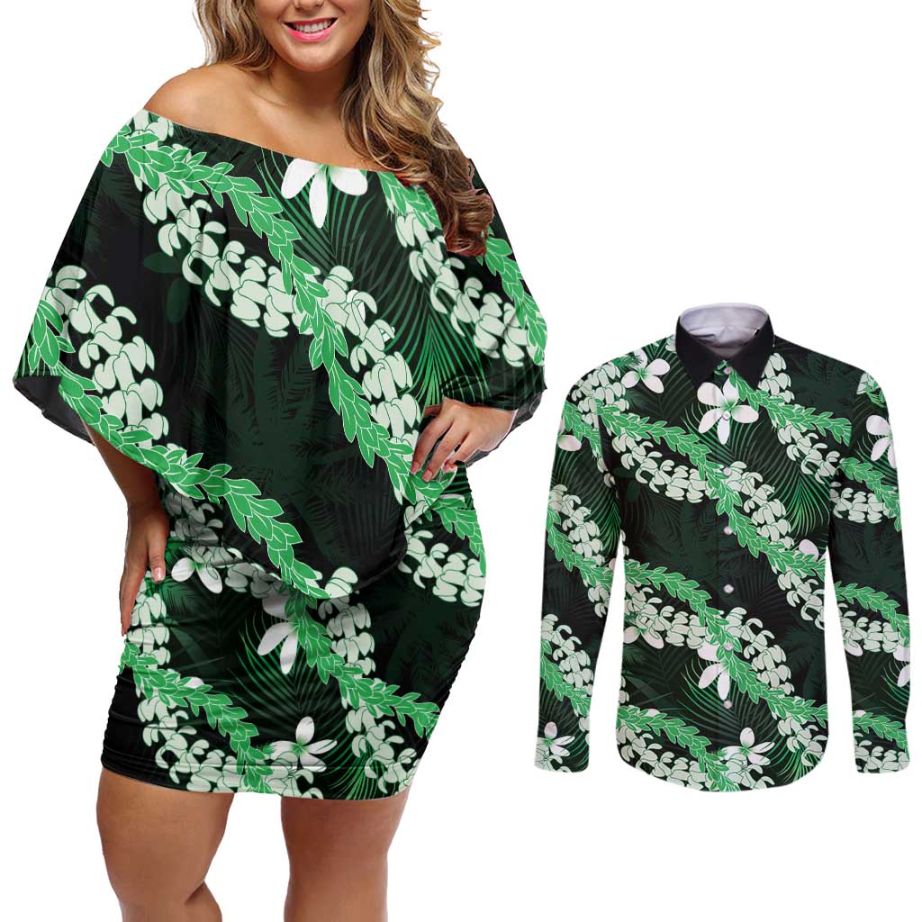 Puakenikeni Maile Lei Couples Matching Off Shoulder Short Dress and Long Sleeve Button Shirt Frangipani Green Tropical Leaves
