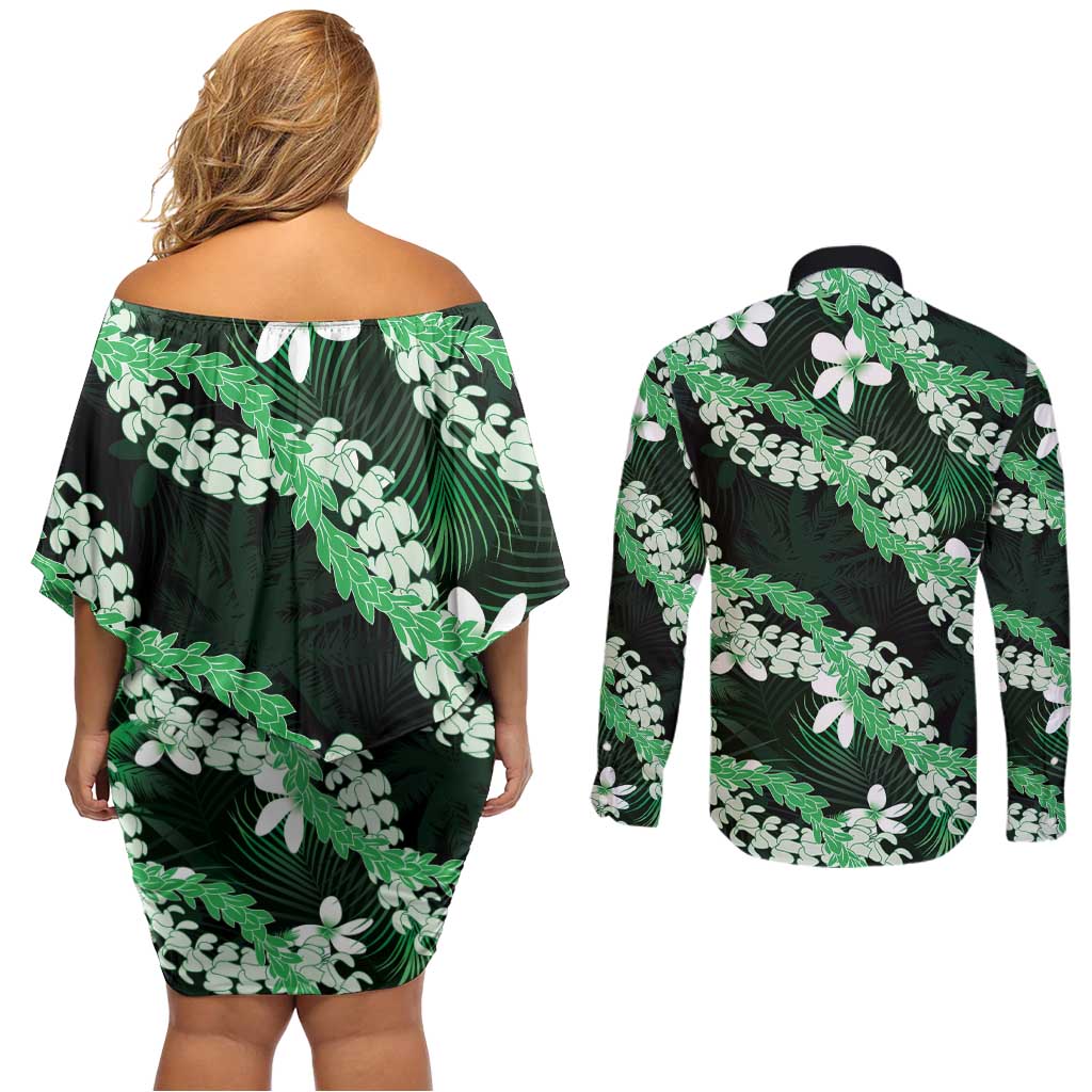 Puakenikeni Maile Lei Couples Matching Off Shoulder Short Dress and Long Sleeve Button Shirt Frangipani Green Tropical Leaves