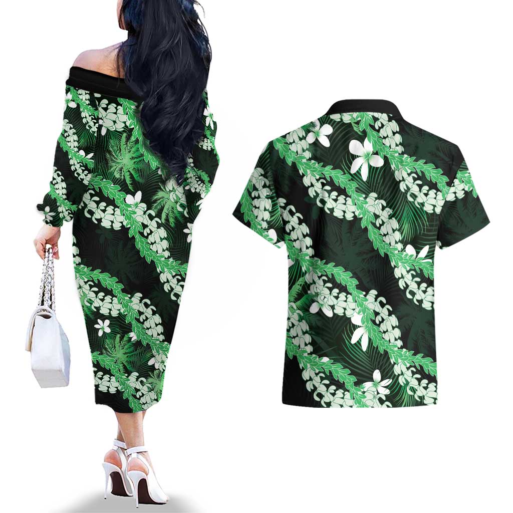 Puakenikeni Maile Lei Couples Matching Off The Shoulder Long Sleeve Dress and Hawaiian Shirt Frangipani Green Tropical Leaves