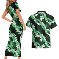 Puakenikeni Maile Lei Couples Matching Short Sleeve Bodycon Dress and Hawaiian Shirt Frangipani Green Tropical Leaves