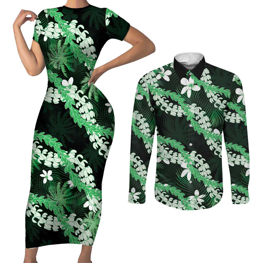 Puakenikeni Maile Lei Couples Matching Short Sleeve Bodycon Dress and Long Sleeve Button Shirt Frangipani Green Tropical Leaves