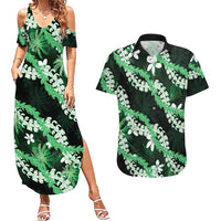 Puakenikeni Maile Lei Couples Matching Summer Maxi Dress and Hawaiian Shirt Frangipani Green Tropical Leaves