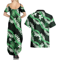 Puakenikeni Maile Lei Couples Matching Summer Maxi Dress and Hawaiian Shirt Frangipani Green Tropical Leaves