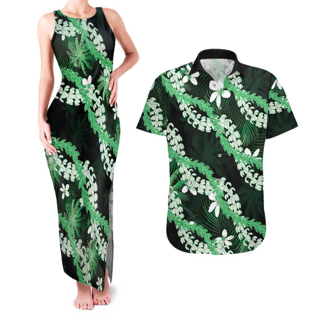 Puakenikeni Maile Lei Couples Matching Tank Maxi Dress and Hawaiian Shirt Frangipani Green Tropical Leaves
