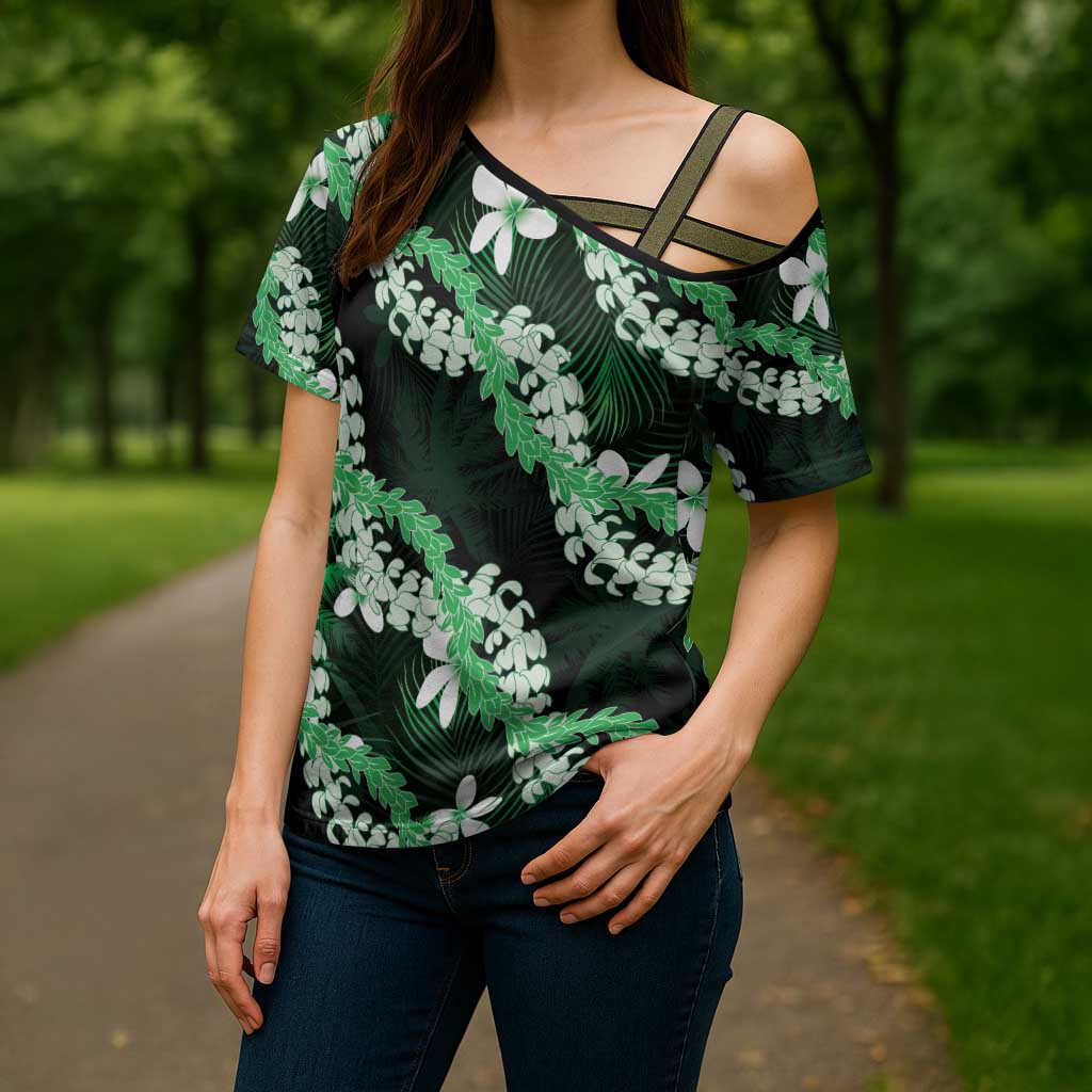 Puakenikeni Maile Lei Cross Shoulder Shirt Frangipani Green Tropical Leaves LT01 - Polynesian Pride