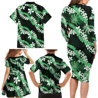 Puakenikeni Maile Lei Family Matching Long Sleeve Bodycon Dress and Hawaiian Shirt Frangipani Green Tropical Leaves