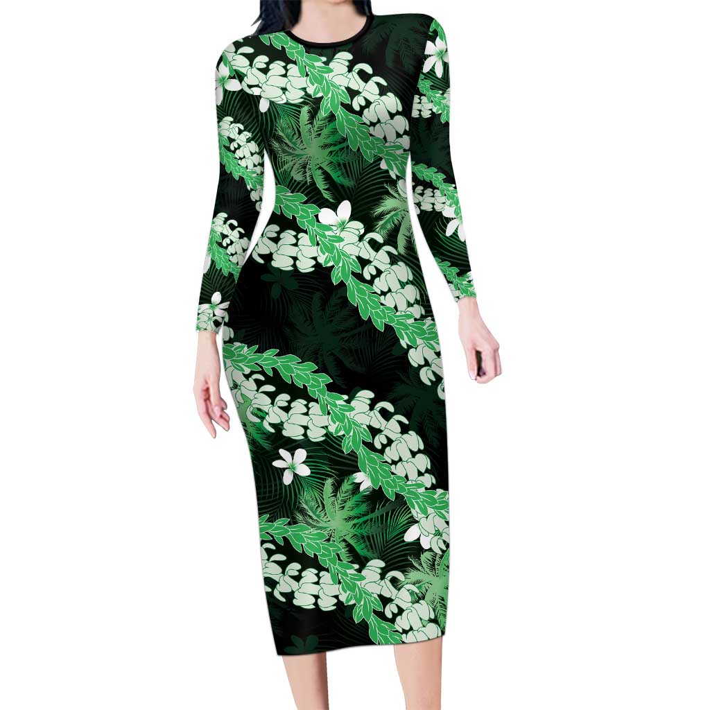 Puakenikeni Maile Lei Family Matching Long Sleeve Bodycon Dress and Hawaiian Shirt Frangipani Green Tropical Leaves