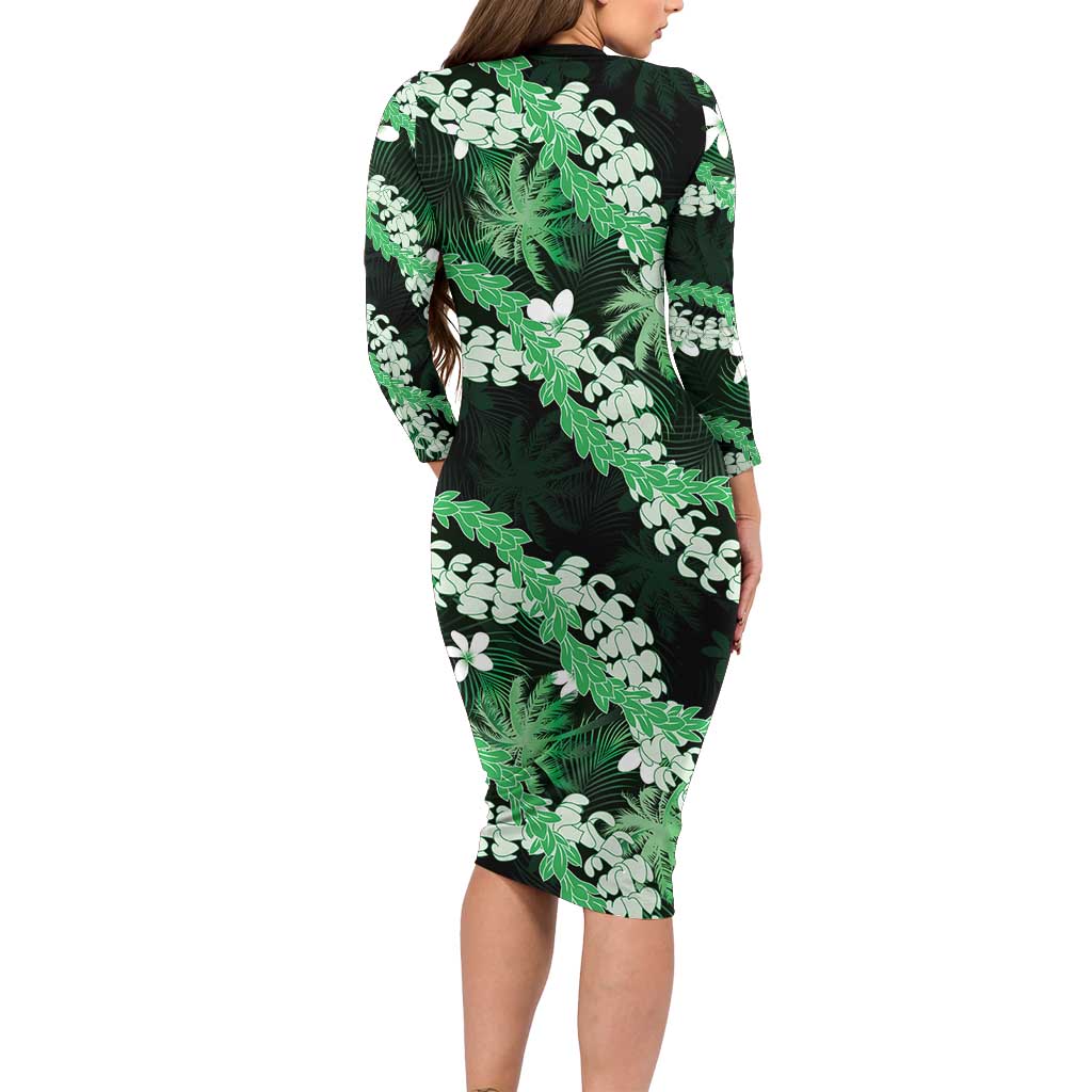 Puakenikeni Maile Lei Family Matching Long Sleeve Bodycon Dress and Hawaiian Shirt Frangipani Green Tropical Leaves