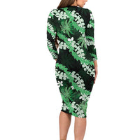 Puakenikeni Maile Lei Family Matching Long Sleeve Bodycon Dress and Hawaiian Shirt Frangipani Green Tropical Leaves