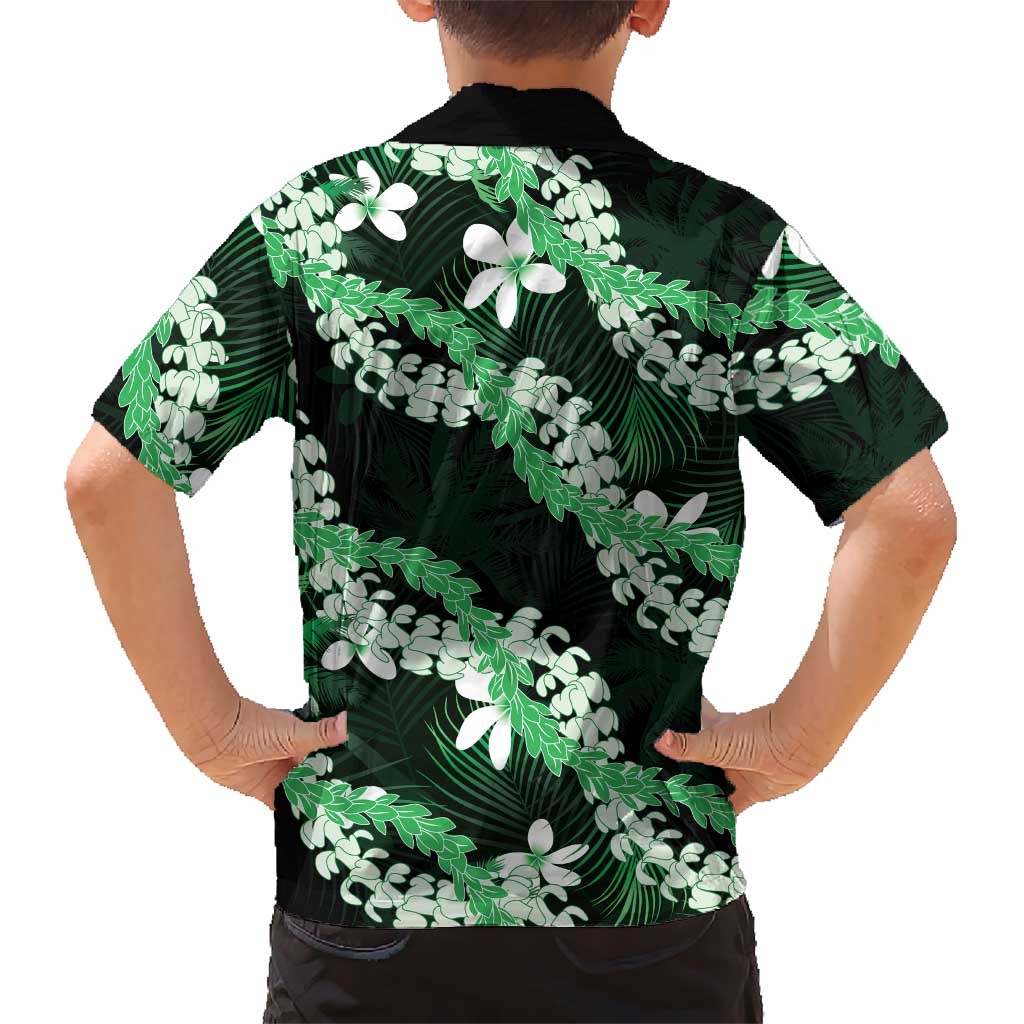 Puakenikeni Maile Lei Family Matching Off The Shoulder Long Sleeve Dress and Hawaiian Shirt Frangipani Green Tropical Leaves