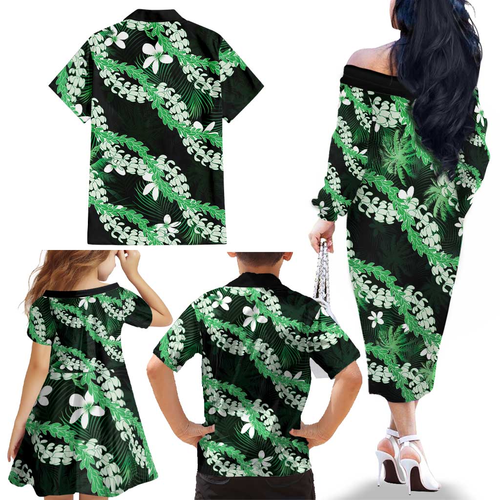 Puakenikeni Maile Lei Family Matching Off The Shoulder Long Sleeve Dress and Hawaiian Shirt Frangipani Green Tropical Leaves