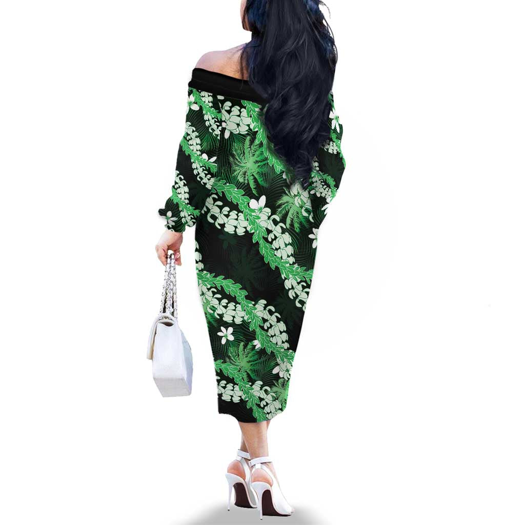 Puakenikeni Maile Lei Family Matching Off The Shoulder Long Sleeve Dress and Hawaiian Shirt Frangipani Green Tropical Leaves